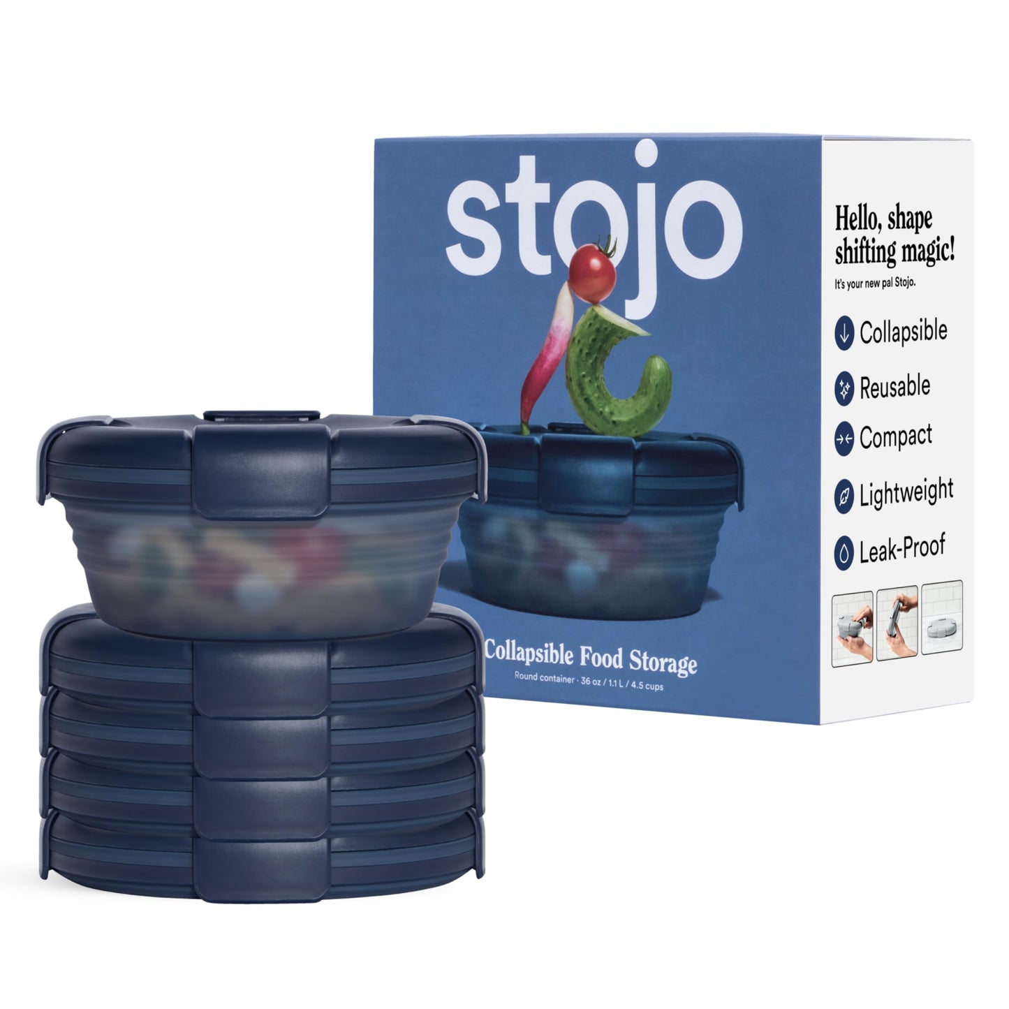 STOJO Collapsible Bowl - Translucent Denim Blue, 36oz - Reusable Silicone Bowl for Hot and Cold Food - Perfect for Travel, Meal Prep, To-Go Lunch, Camping & Hiking - Microwave & Dishwasher Safe