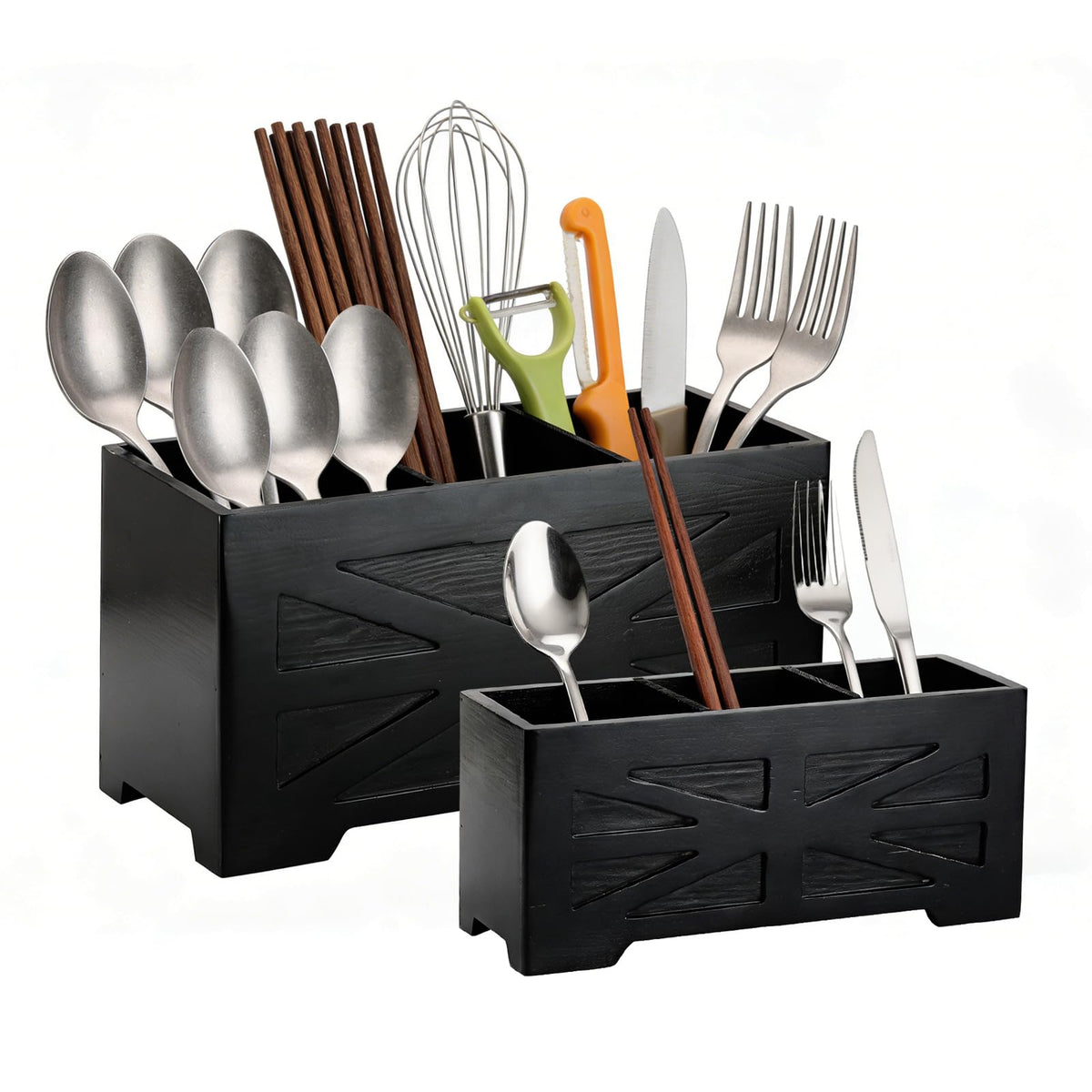 PEKER Wooden Utensil Holder, Black Kitchen Countertop Organizer with Removable Divider, 3 Compartments Pine Wood Utensil Crock with Drainage Hole & Non-Slip Base, 2 Pack