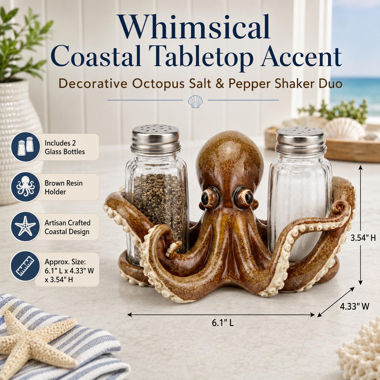 Comfy Hour Decorative Octopus Salt and Pepper Shaker Duo, Artisan Crafted Coastal Sea Life Figurine Holder for Kitchen Tabletop, Includes 2-Count Glass Bottles, 6.1"L x 4.3"W x 3.5"H, Brown Resin