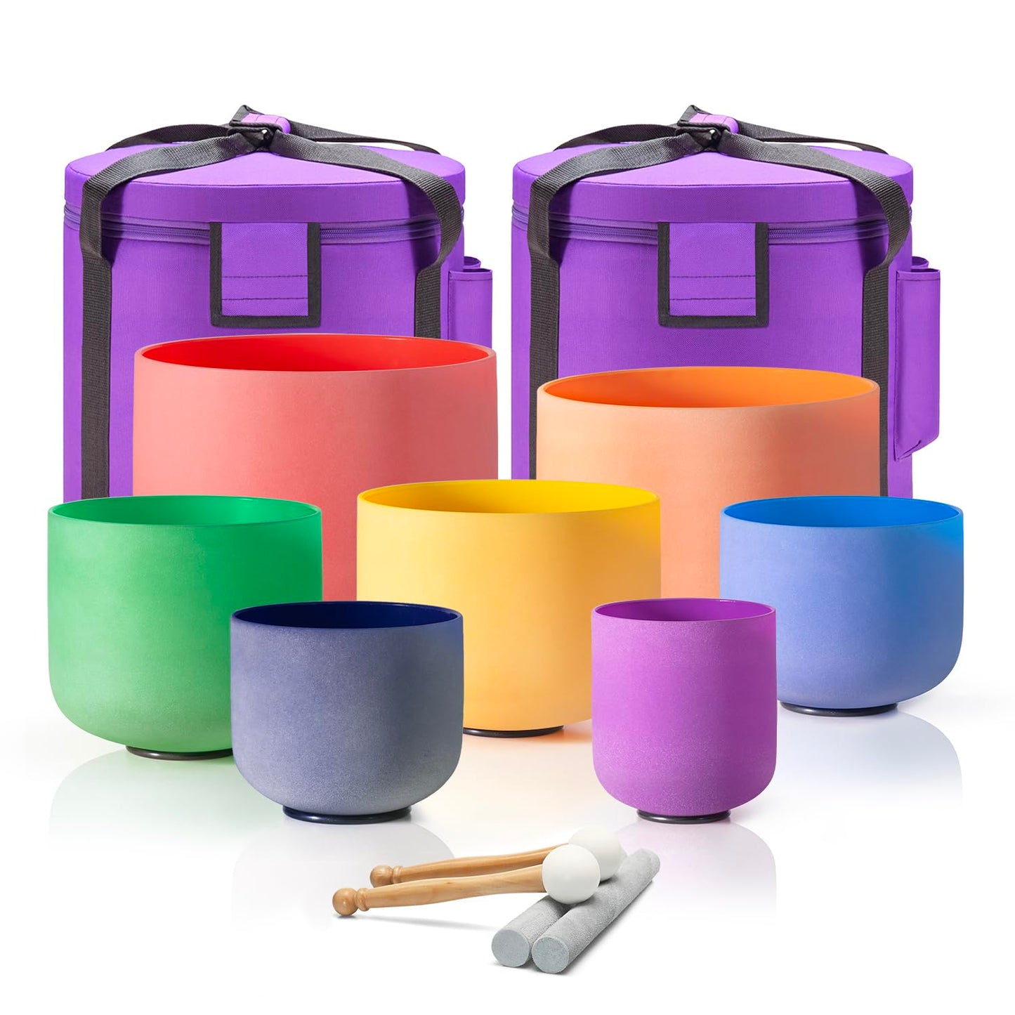 CVNC Set Of 7 PCS 440HZ 6-12 Inch Colored Frosted Chakra Quartz Crystal Singing Bowls Sound Healing Instrument with 2 PCS Travel Carry Case Bag for Meditation