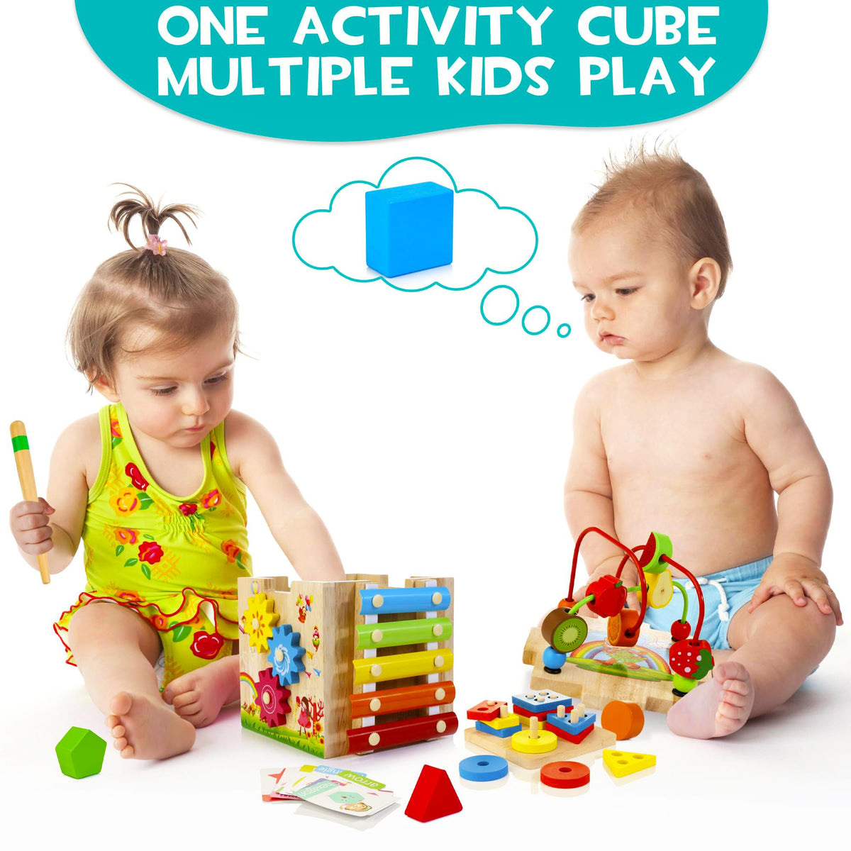 HELLOWOOD 8-in-1 Wooden Activity Cube for Kids, Sorting & Stacking Toys Shape Match Xylophone Montessori Learning Toy STEM Value Pack Gift for Boys Girls Toddlers-Light Pink Packaging
