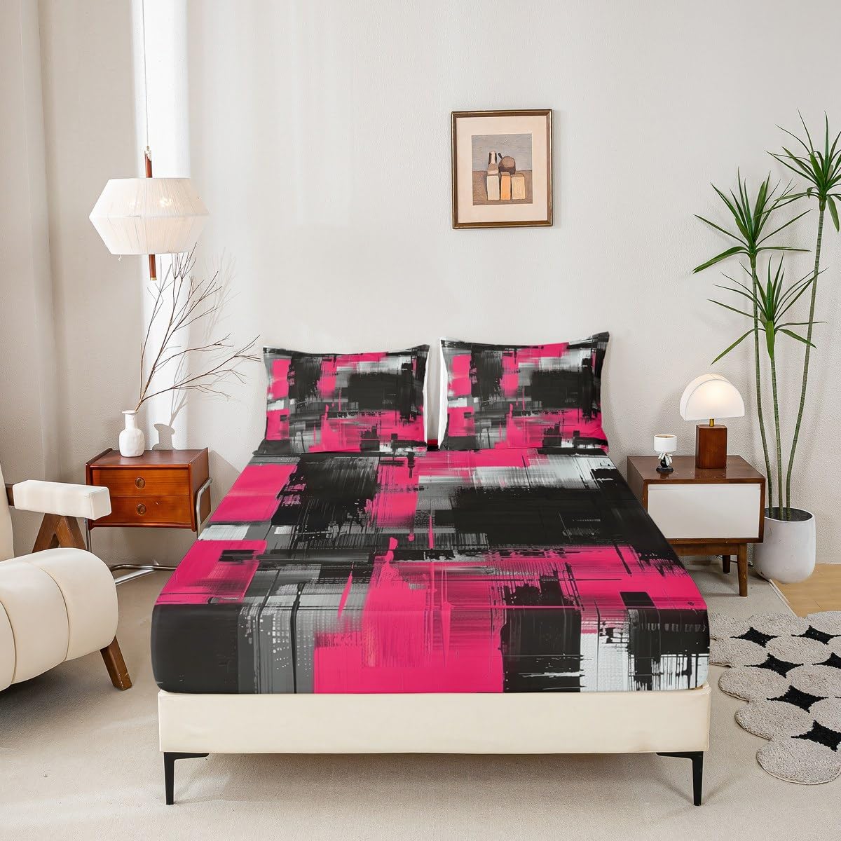 jejeloiu Abstract Fitted Sheet Twin Size for Kids Boys Girls Black and Pink Bed Sheets Set 16" Deep Pocket Soft Breathable Microfiber Art Aesthetic Bedding with 1 Pillowcase Geometric Room Decor