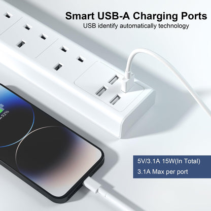 TICCOLO Extension Lead with USB Slots, 4 Way Sockets Outlets 4 USB Ports, 13A/3250W 1.8M Extention Cable with Switch Surge Protected Power Strips, UK Multi Plug Adapter Electrical Cords