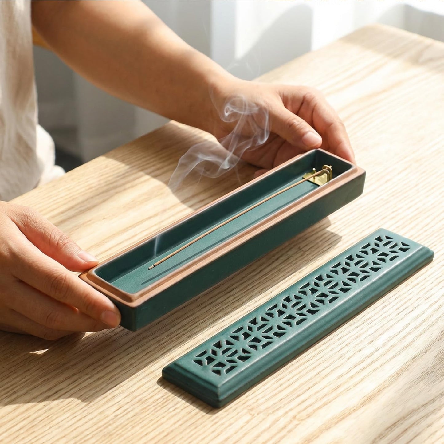 CEREMONY Incense Holder for Sticks, Ceramic Insence-Stick Holder Ash Catcher, Incense Holder Timkburner for Meditation Yoga Spa Room Incense Holder (Lever Green)