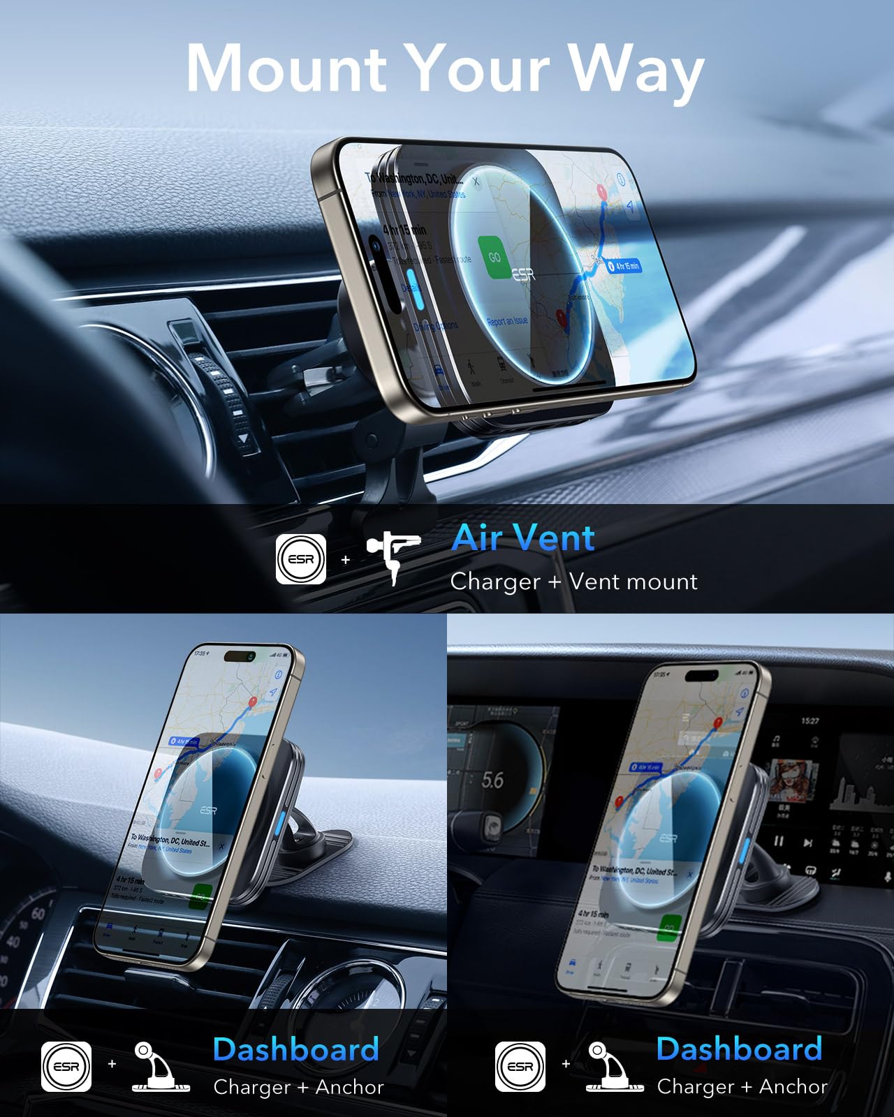 ESR for MagSafe Car Mount Charger[15W Fast Charging], Air Vent Dashboard Magnetic Phone Holder Car Wireless Charger for iPhone Air 17 Pro Max 16 15 14 Plus 13 12 Mini, Galaxy S25, MagSafe Accessories