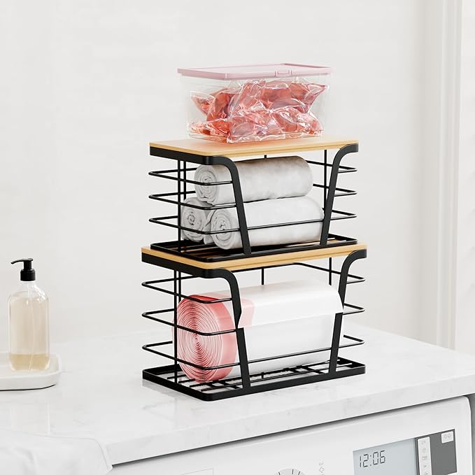 2 Pack Stackable Storage Laundry Kitchen Organizers, Wall Mount Trash Bag Holder