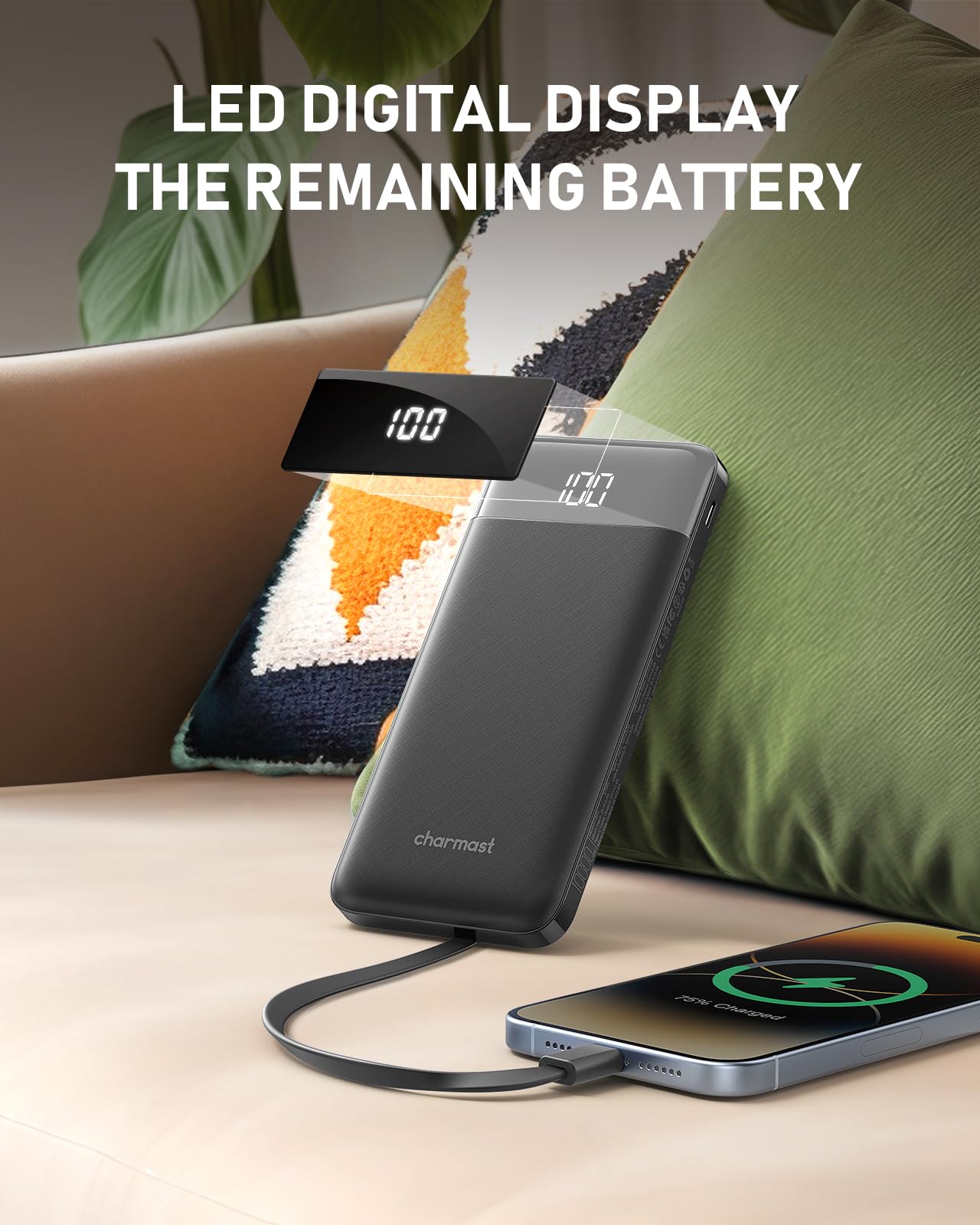 charmast Portable Charger with Built in Cables, 10000mAh Slim Power Bank, 15W USB C in&Out Port High Speed Charging External Charger, Battery Pack Compatible with iPhone 16 15 13 Samsung Google iPad