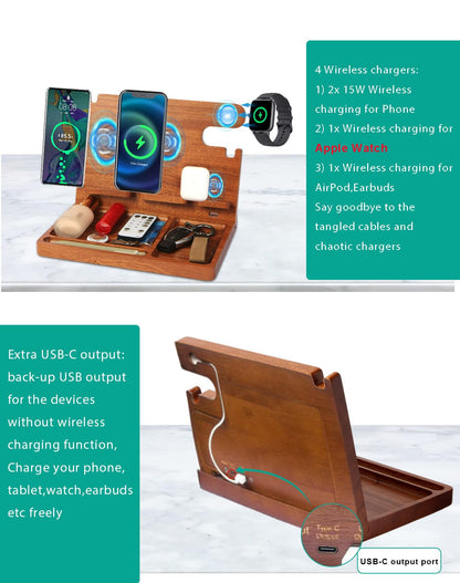 JuncaiTech Nightstand Organizer with 4 Wireless Charger for 2 iPhone/Android Phone,Apple Watch,Airpod,Wood Phone Docking Station,27W Fast Wireless Charging Station,Wallet/Key Holder,Gifts for Dad/Men