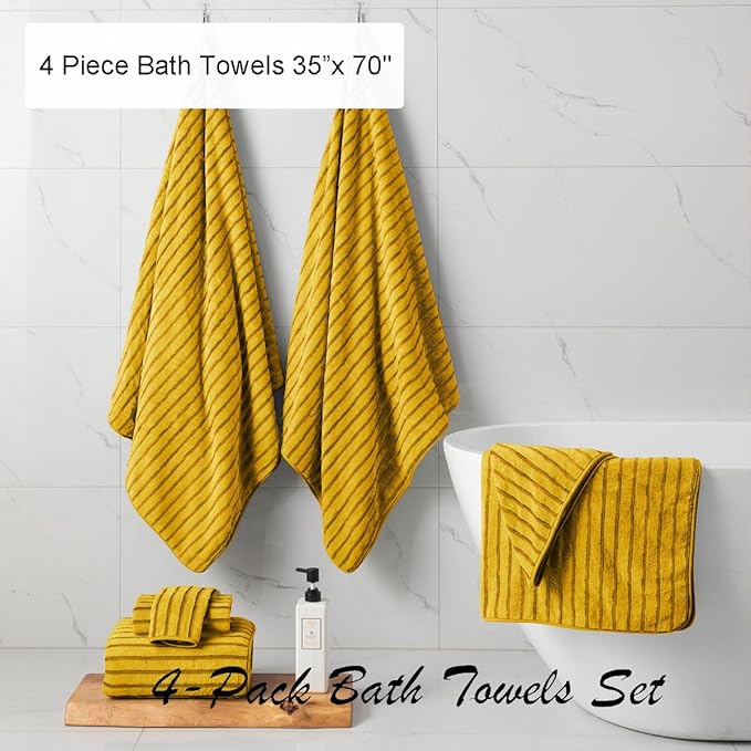 4 Pcs Yellow Cabana Stripe Large Bath Towels 35"x70" Oversized Bath Sheet Super