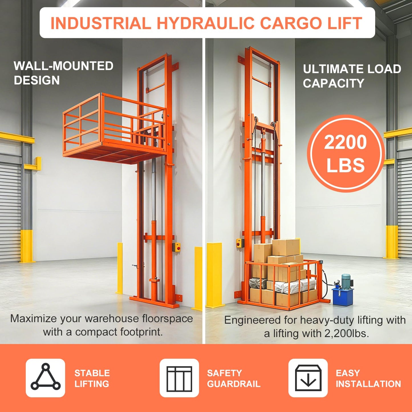 Hydraulic Freight Elevator System, 2200lbs 1-Ton Electric Cargo Lift Platform, Wall-Mounted Rail Guide VRC Mezzanine Hoist with 2500W Pump for Warehouse, Factory, Home Garage (19.7FT Lifting Height)