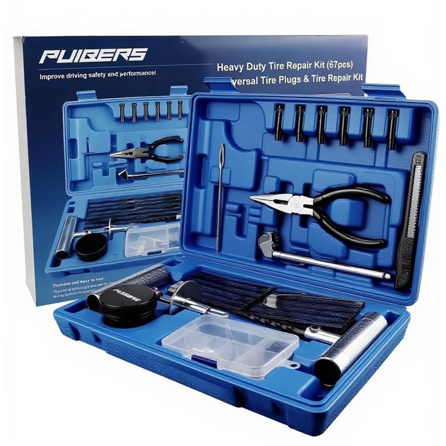 PUIBERS Heavy Duty Tire Plug Kit - 67 Pcs Professional Tire Repair Kit with Plugs for Car, Truck, SUV, Motorcycle, Semi Truck, Tractor, RV & ATV - Tire Repair Tools to Fix Punctures