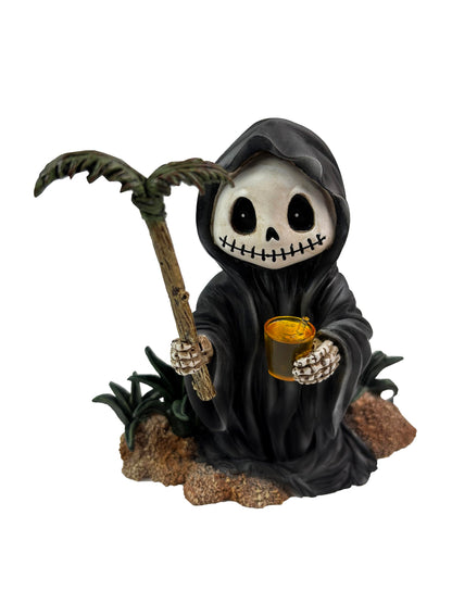 AUROANC Adorable Skull Grim Reaper Figurine,3.94”H,Halloween Death Sculpture,Grim Reaper Skeleton Statue
