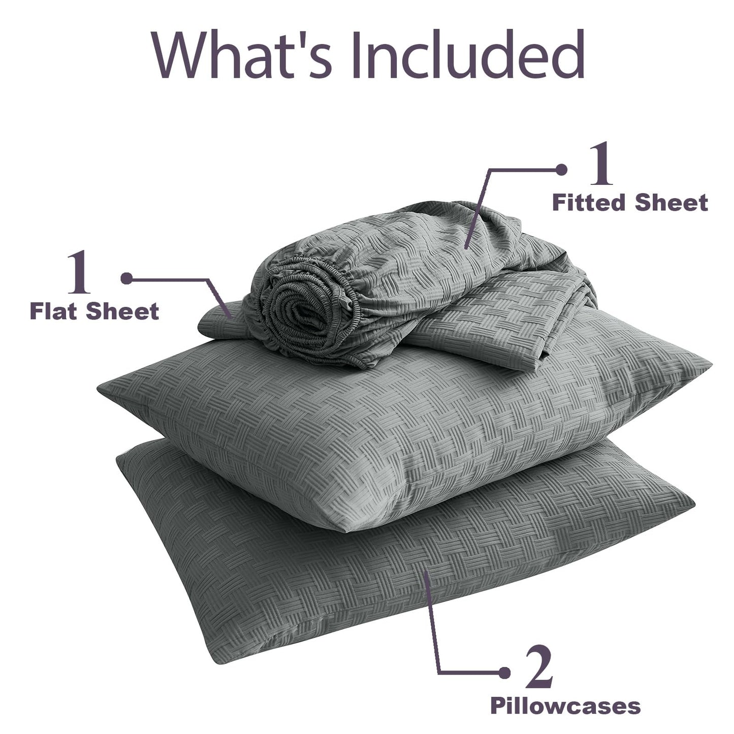 Seavelson Woven Grid Soft King Size Sheet Set - Comfortable & Breathable 4 Piece Bed Sheets with 1 Fitted Sheet,1 Flat Sheet & 2 Pillowcases - Deep Pocket Up to 18 Inches (Dark Grey)
