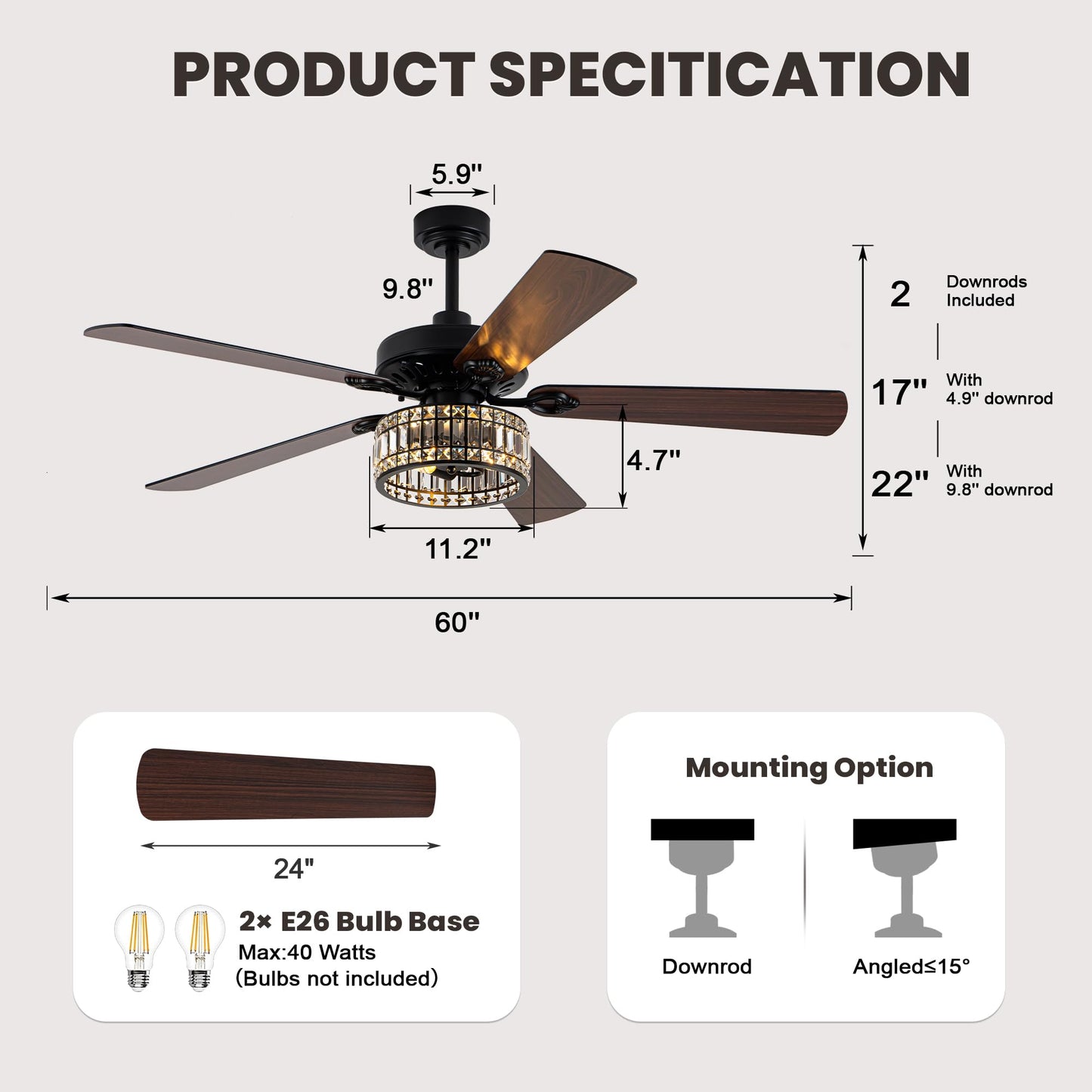 Dawn Whisper 60 Inch Crystal Chandelier Ceiling Fans with Lights Black Large Modern Ceiling Fans for Living Room Bedroom Quiet and Reversible DC Motor 6 Speeds Enegery Efficient