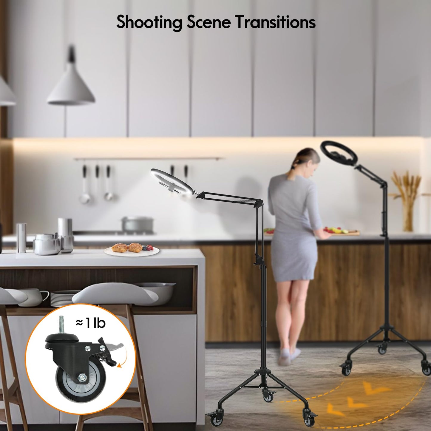 LUXSURE 10" Ring Light with Tripod Stand & Phone Holder Tall 175cm/69'', Movable Overhead Phone Mount with Casters, Overhead Tripod with Light for Cooking/Live Stream/Video Recording/Photography