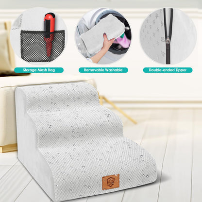 Myiosus Dog Stairs, 3-Step Non-Slip Pet Steps for Sofa and Bed, High Density Foam Dog Ramp with Removable Washable Cover for Small Dogs/Cats, 60x40x40cm, White