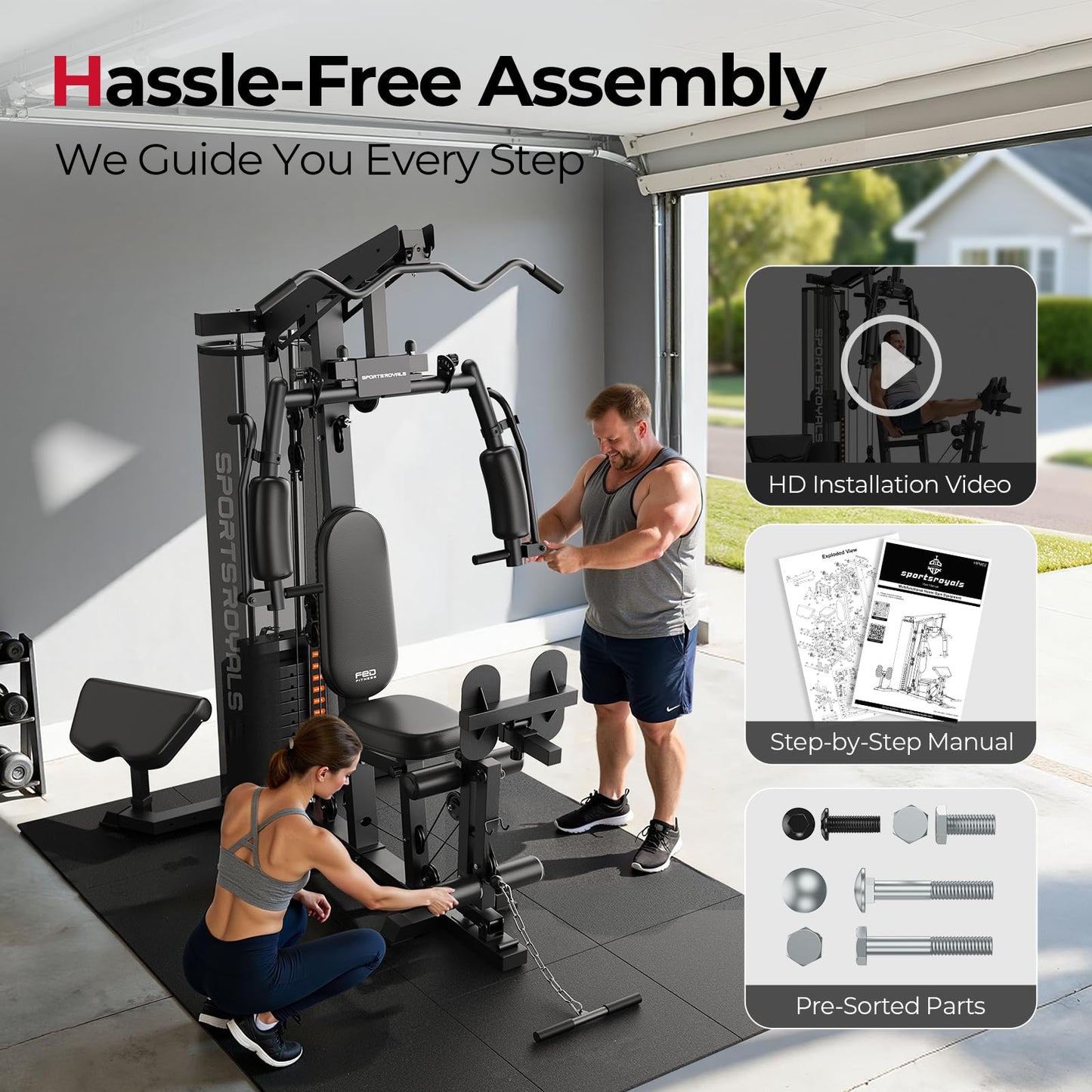Sportsroyals Home Gym, Multifunctional Workout Station with 150LBS Weight Stack, Full Body Workout Equipment for Home Exercise Fitness (Ink Black)
