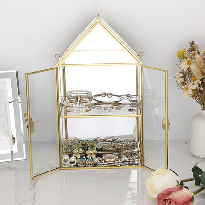 ELLDOO 2 Tier Clear Glass Storage Box, Gold Mirrored Jewelry Makeup Display Organizer Case, Decorative Tower box Storage for Trinket Perfume Lipstick Figure Statue Toy Display, House Shape