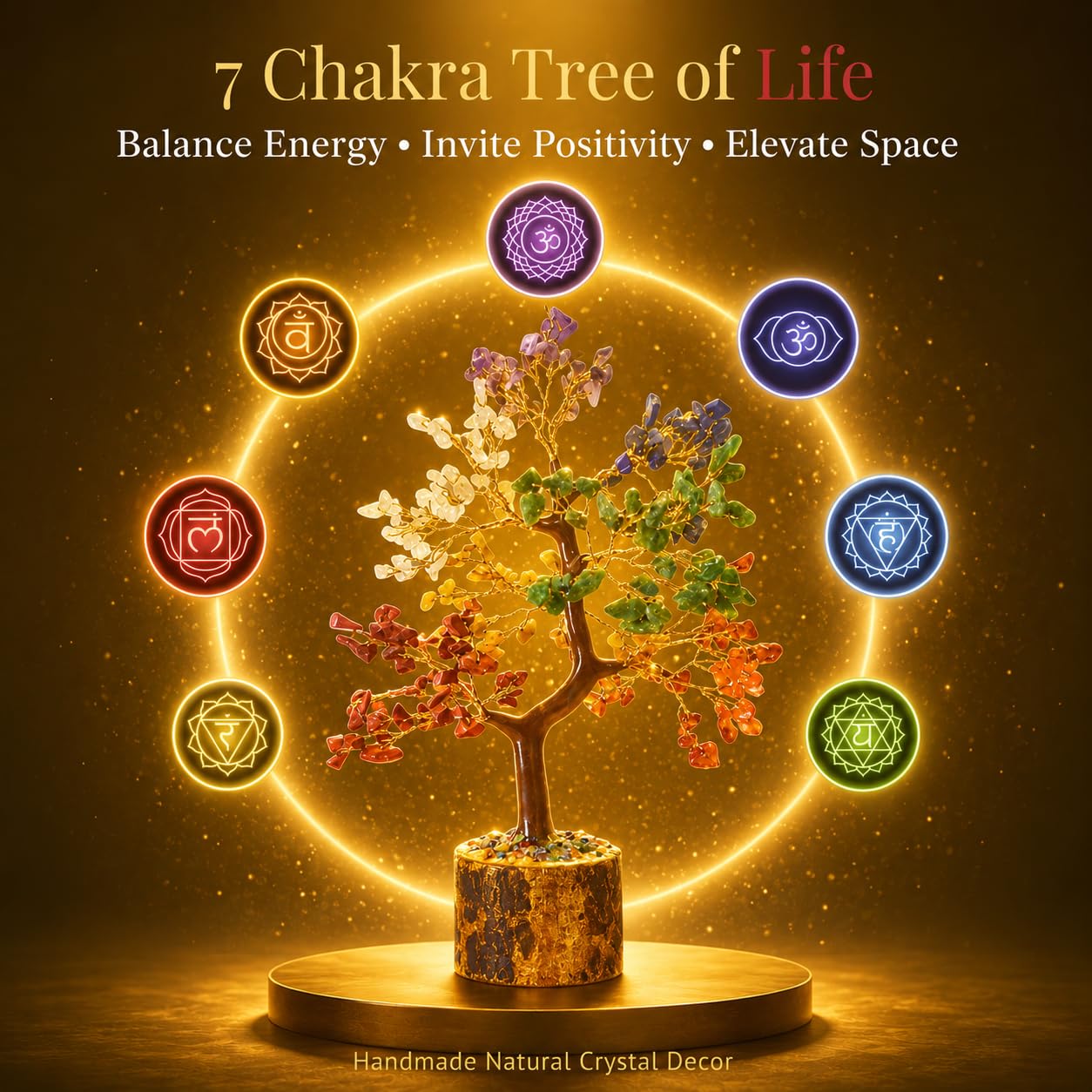 7 Chakra Crystal Tree 300 Stones - Feng Shui Gemstone Money Tree with Healing Crystals Base for Good Luck, Wealth & Prosperity - Reiki Spiritual Meditation Decor, Yoga Gifts & Home Office Decoration