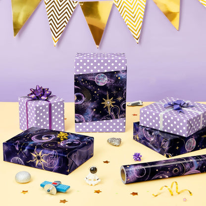WERNNSAI Galaxy Wrapping Paper Roll - 1 Roll 17” x 33 ft Purple Dark Night Sky Nebula Star Wrapping Paper for Boys Girls Reversible Polka Dot Design Gift Wrap for Birthday Holiday Baby Shower Party Favors