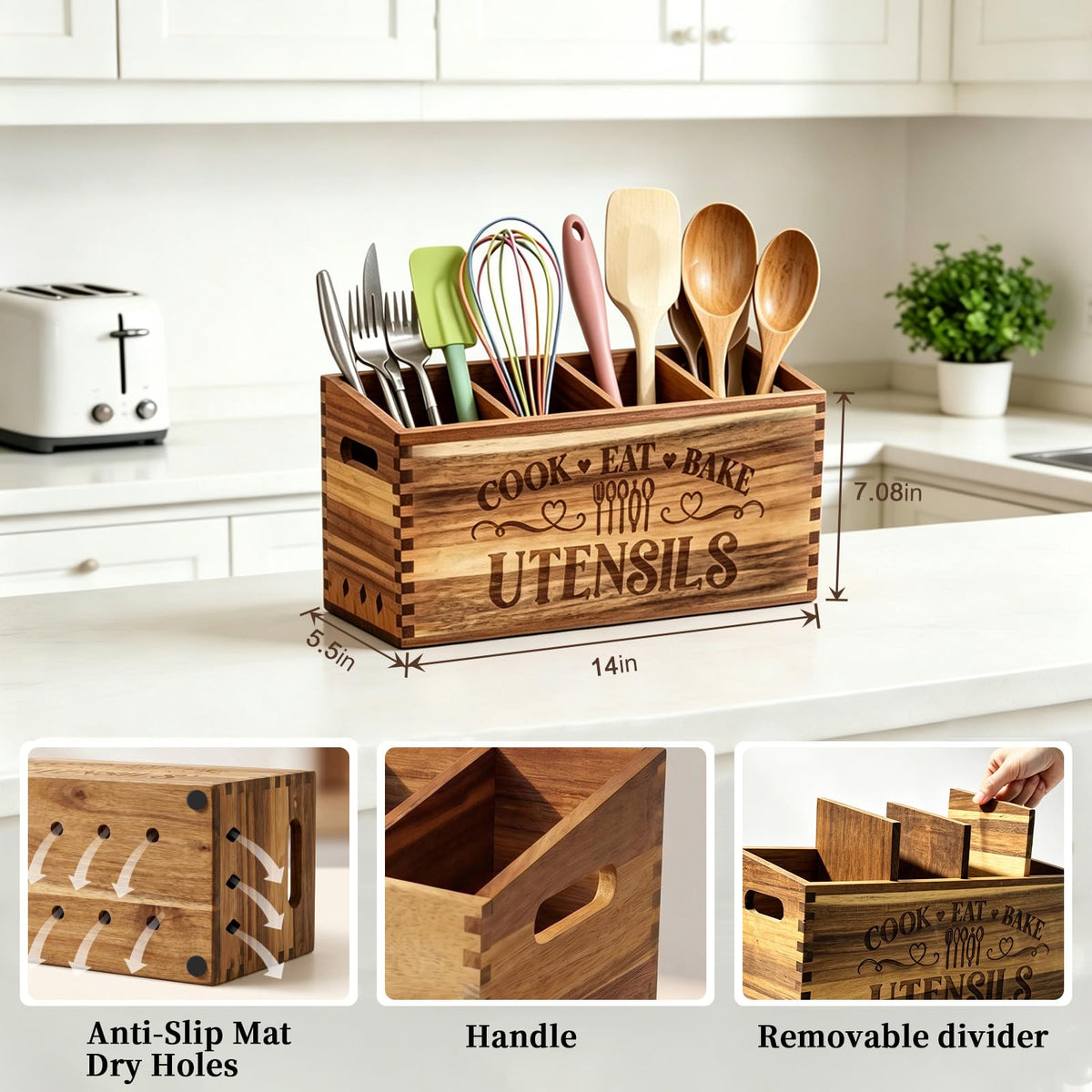 toytoto Large Acacia Wooden Utensil Holder for Kitchen Countertop