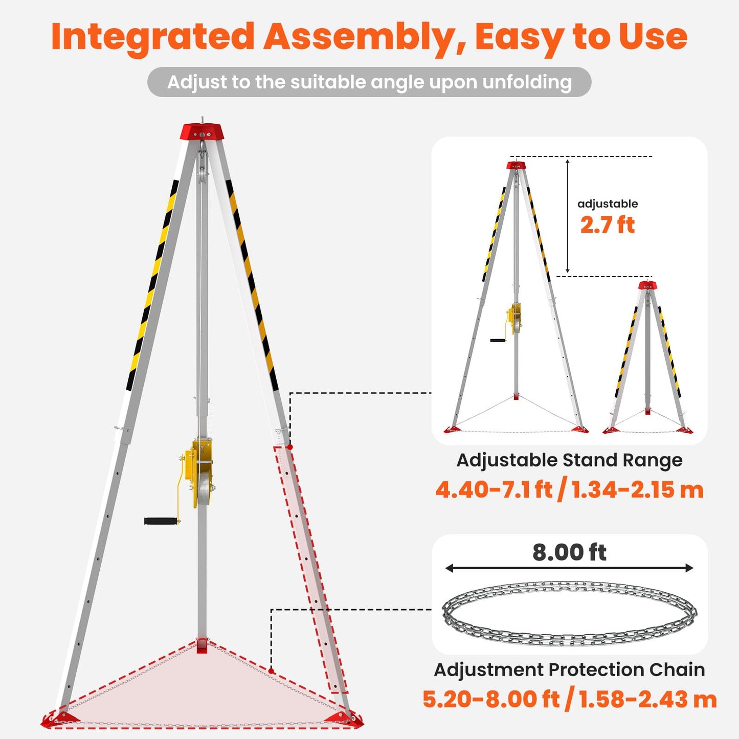 3000lbs Confined Space Tripod Kit, 3000 Lbs Winch, Adjustable 7' Legs & 98' Cable, Steel Confined Space Rescue Tripod with 33' Fall Protection/Harness/8' Protection Chain for Confined Spaces Safety