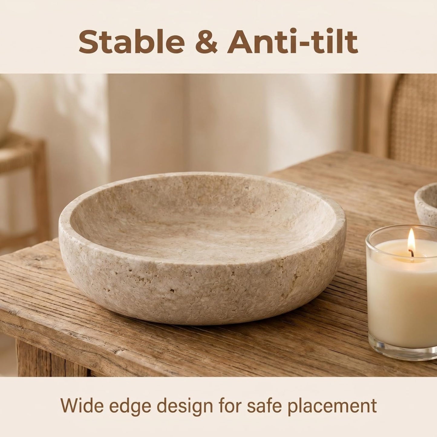 Natural Travertine Decorative Bowl 7.8", Travertine Bowl & Natural Stone Centerpiece for Coffee Table Decor, Ring Tray, For Entryway, Kitchen Fruit Bowl, Potpourri, Dining Table Centerpiece.