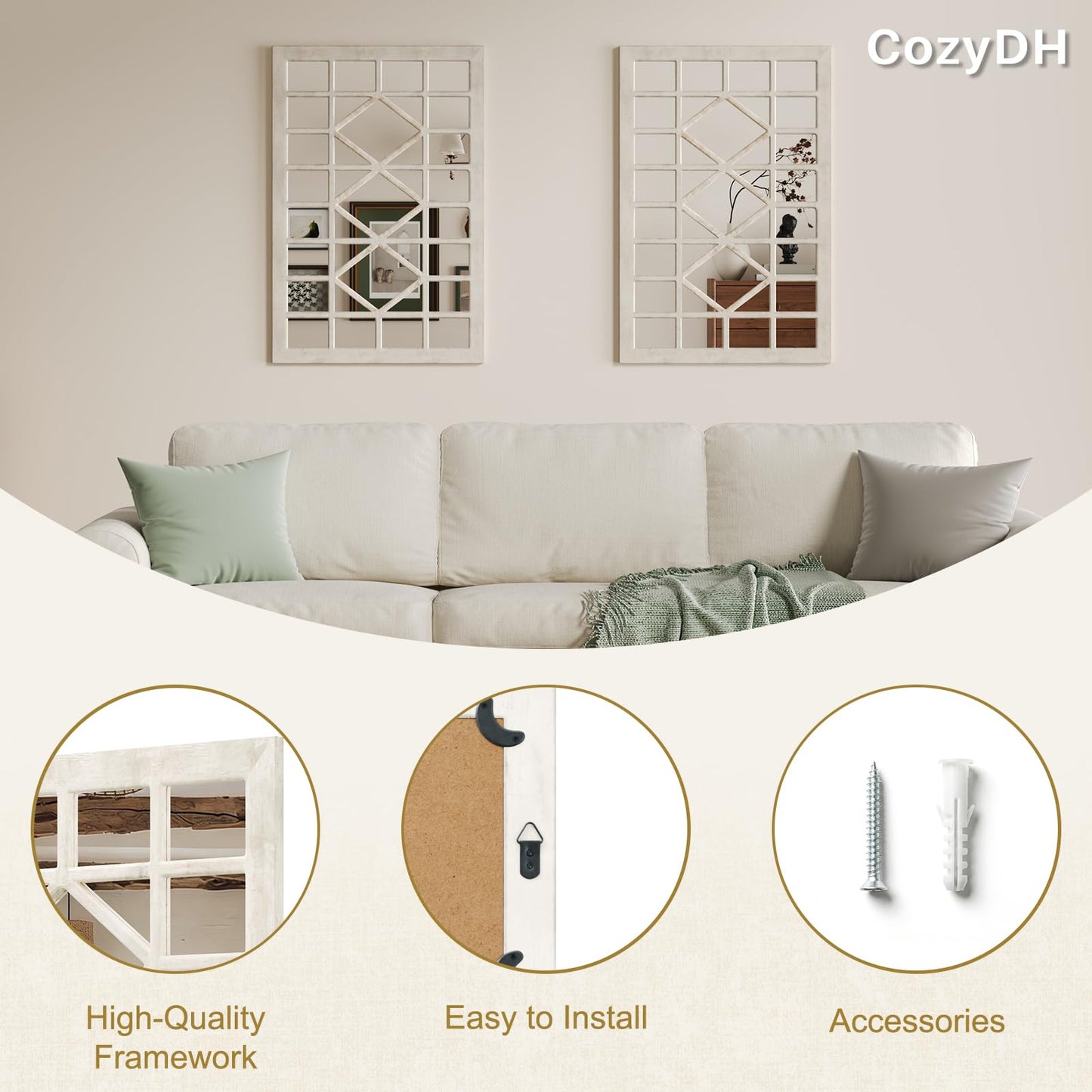 CozyDH Farmhouse Window Pane Mirror Decor - 24x36 inch Retro White Rectangle Wall Mirror Soli Wood Frame, Decorative Wooden Accent Mirror for Entryway, Fireplace, Living Room, Hallway, Dining Room