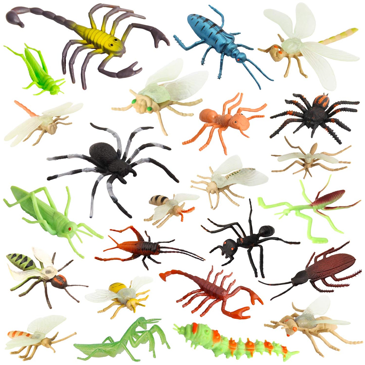 PINOWU Insect Toy Figures for Kids - 24pcs, 2-4' Fake Bugs - Spiders, Cockroaches, Scorpions, Crickets, Lady Bugs, Mantis & Worms for Education & Party Favors