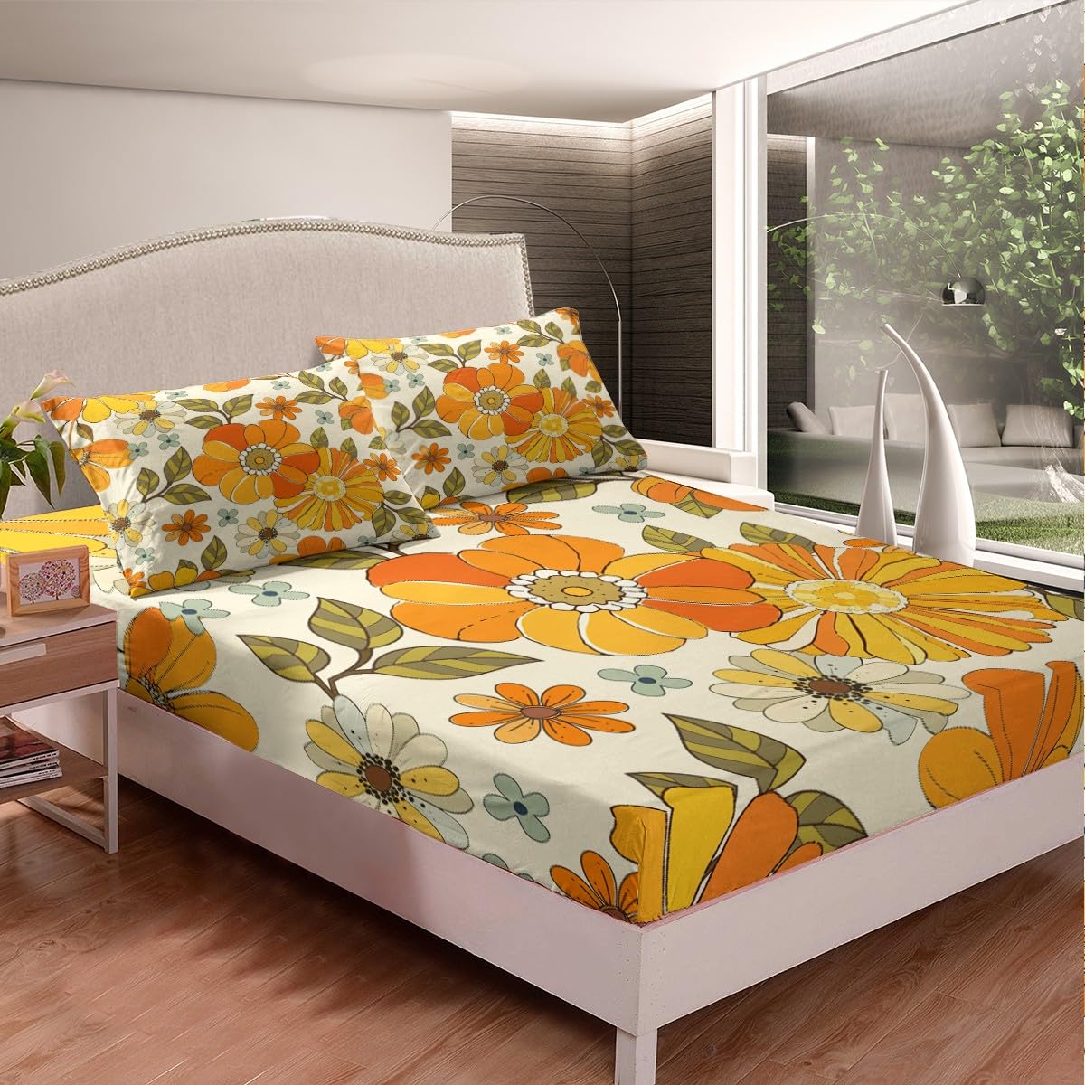 Castle Fairy Retro Flowers Full Fitted Sheet 4pcs,Watercolor Yellow Floral Green Leaves Plant Bed Sheet Set for Girls Teens Bedroom,70s Trippy Daisy Polyester Bedding Set with 1 Flat + 2 Pillowcases