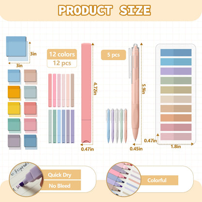 Jutom 39 Pcs Aesthetic Book Annotation Kit Highlighter with Pencil Case Bag Gel Pen Transparent Sticky Note Taking Bible Study College School Supplies(Cream,Cute Style)
