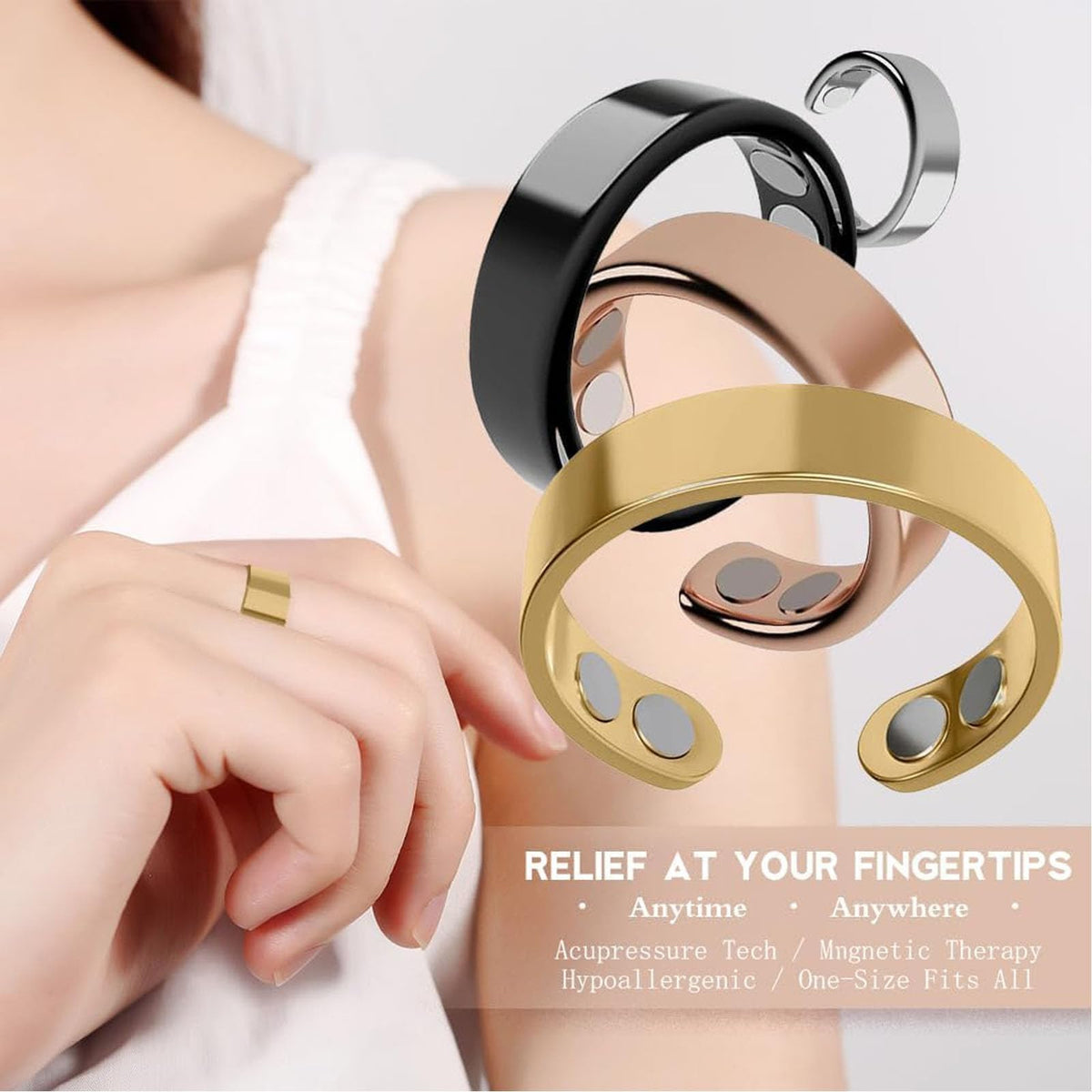 Refined Magnc Stainless Steel Auvulis Migraine Ring Magtherapy Lymphatic Drainage Rings Lymph Nodes Acupuncture Therapy Anti Snoring Rings Migraine Relief Health Jewelry for Men and Women(Black)