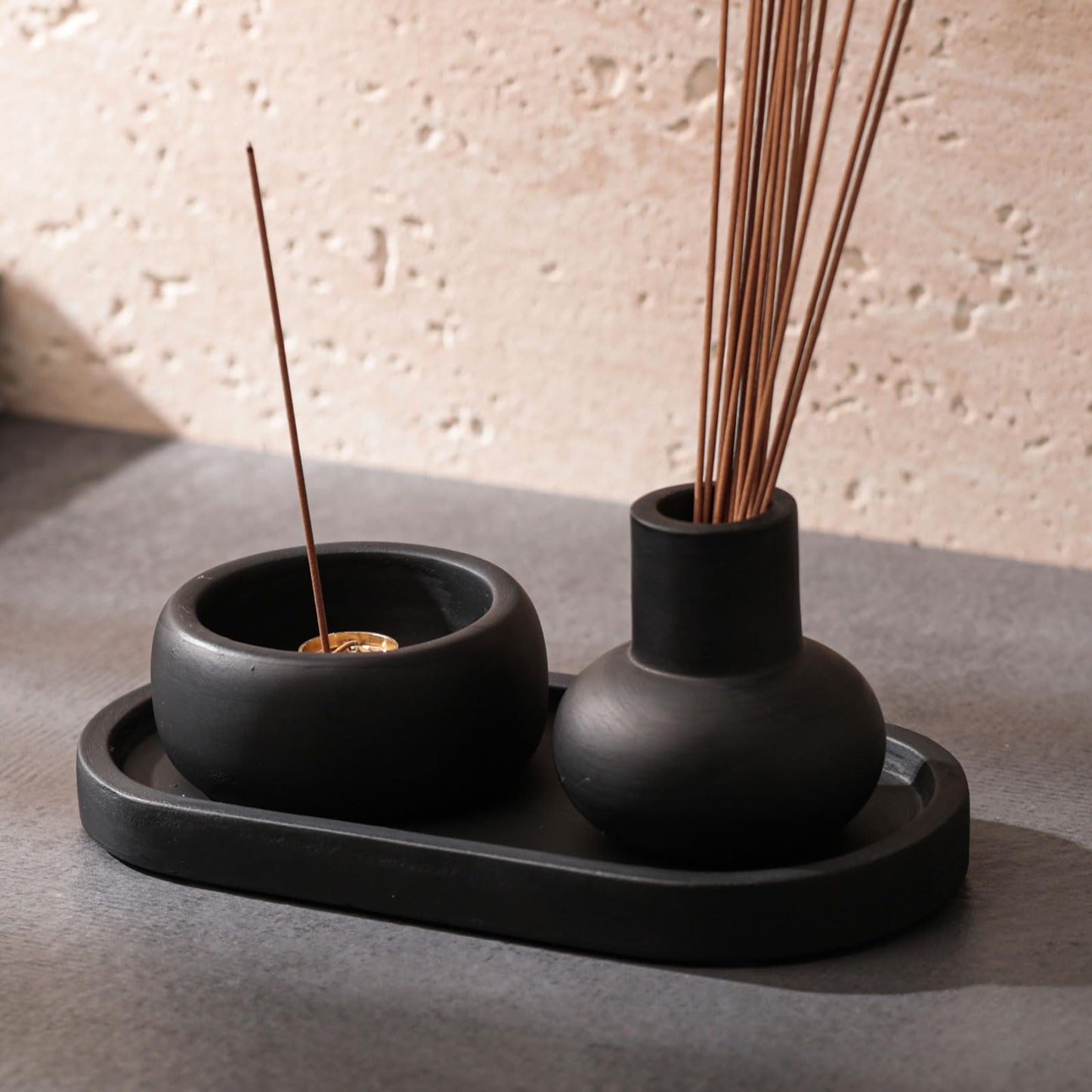 Concrete Incense Burner Set with Holder and Tray,Multifunction Incense Holder for Burning Sage,Palo Santo,Incense Sticks,Ideal for Meditation Home Decor(Black)