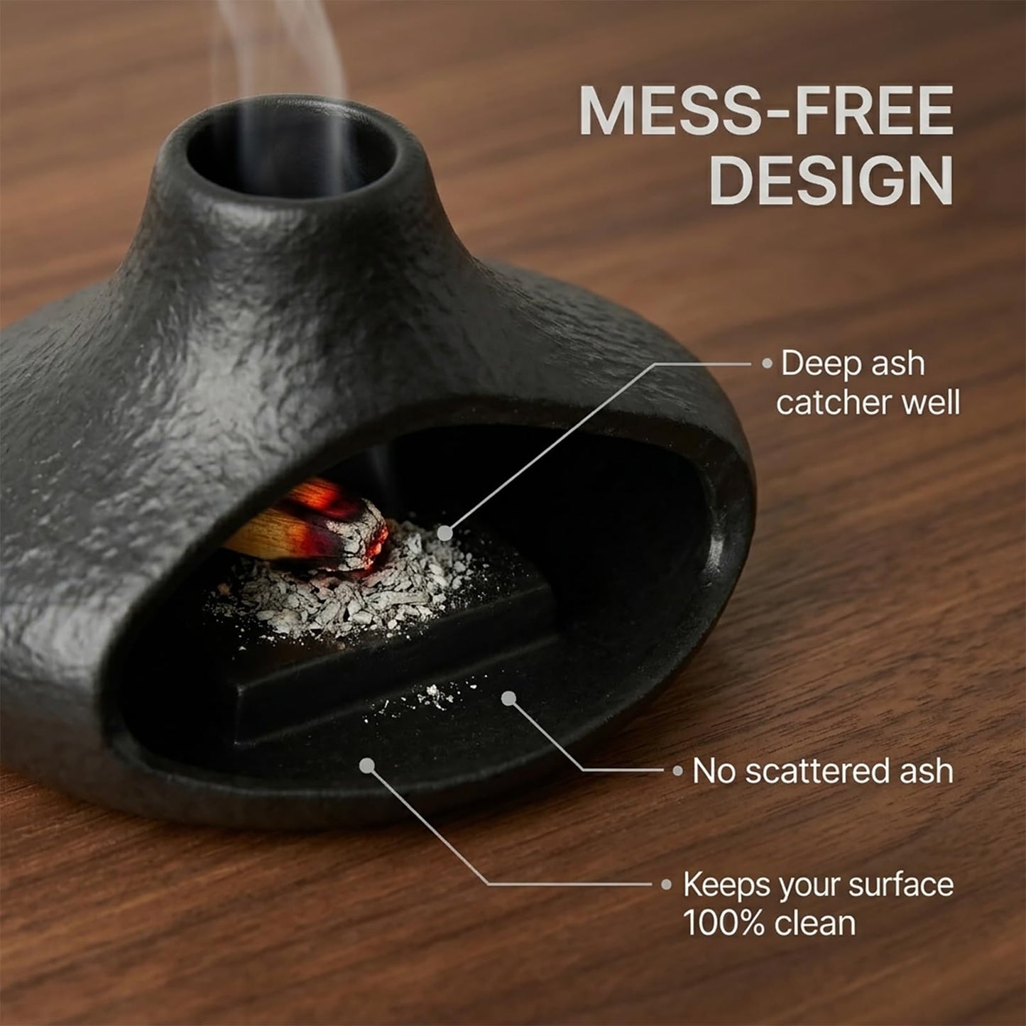 Matte Black Palo Santo Holder with Chimney Design, Ceramic Incense Burner with Ash Catcher, Mess-Free for Smudging, Meditation & Relaxation, Volcano Style Aesthetic Home Decor Gift