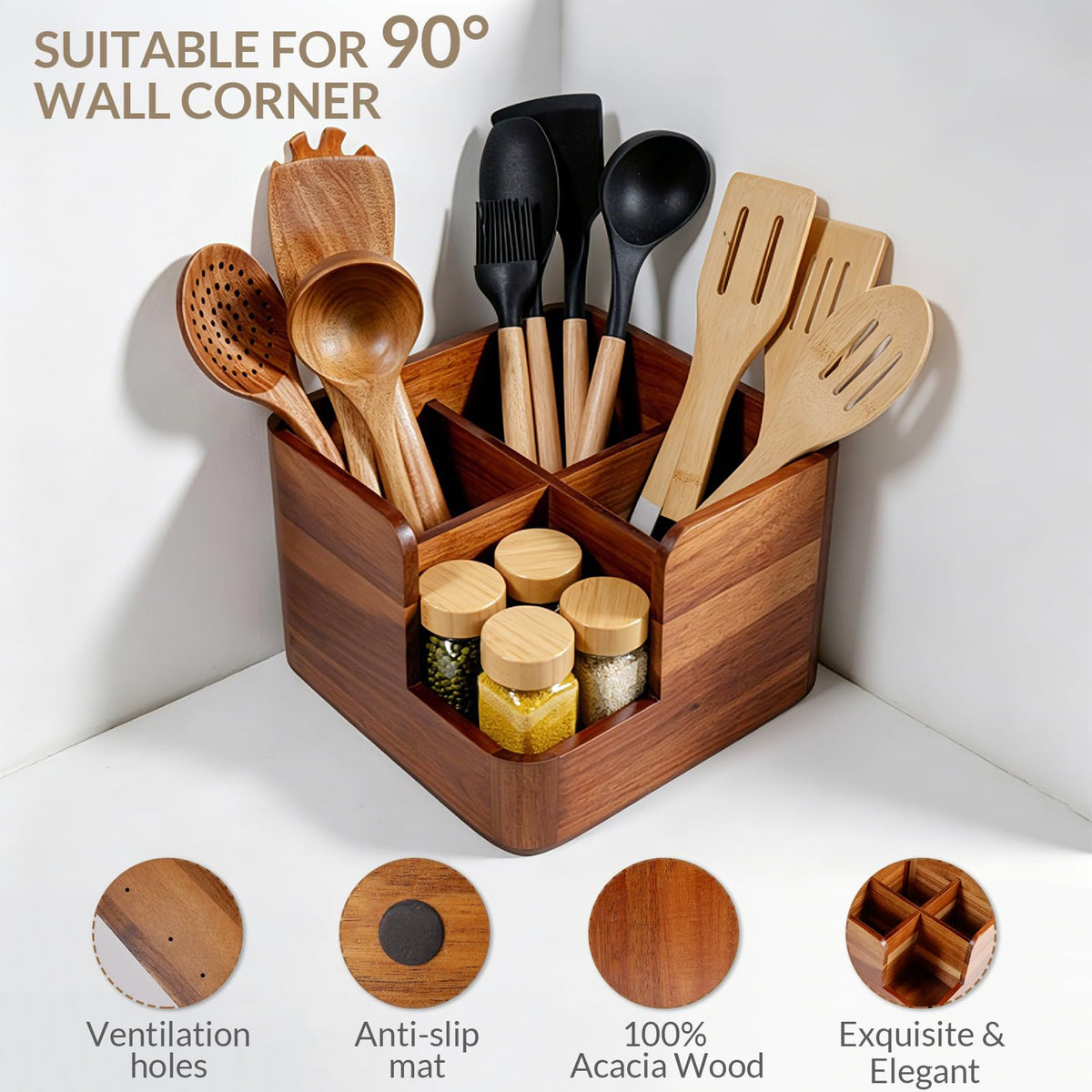 Liberal Brightdeer Large Kitchen Utensils Holder with 4 Compartments,Corner Utensil Caddy for Countertop,Acacia Wooden Utensil Organizer for Kitchen Countertop, Farmhouse Decor