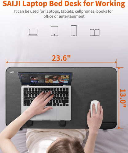 Desk, Table, SAIJI Adjustable Laptop Stand, Breakfast Tray, 5 Heights, 4 Angles, Stable Folding Table for Bed Sofa Desk, Suitable for Laptops up to 17 Inches (60 x 33 cm Black)