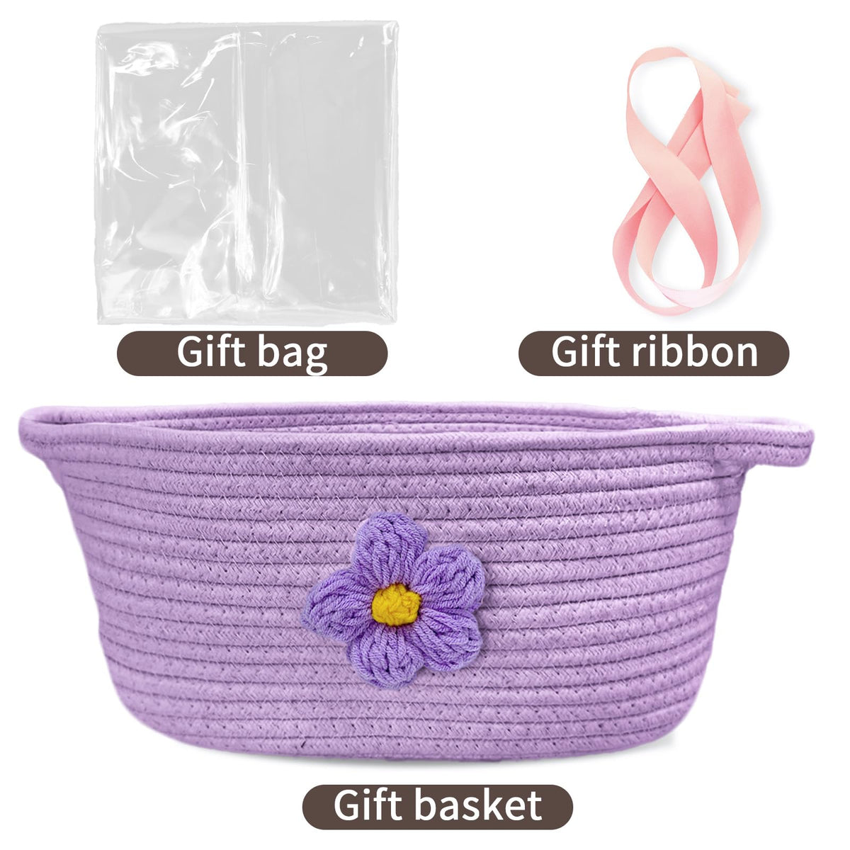 Esme L&H Gift Basket Empty with Bag & Ribbon, Large Capacity Gift Basket,-12"x9"x6", Gift Boo Baskets Empty, Versatile Cotton Rope Storage for Small Items, Baby, Pet Toy(Purple)