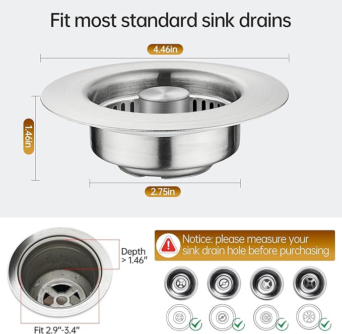 YYKBZ 3 in 1 Kitchen Sink Drain Strainer， Stainless Steel Pop Up Sink Stopper，