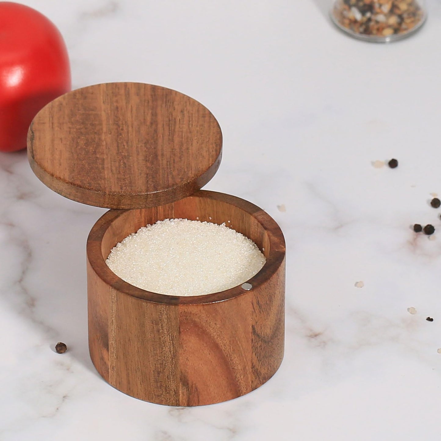 MeowAroma Salt Cellar with Lid, 1 Cup Acacia Wood Salt Container with Swivel Cover for Spice/Herbs/Seasonings, Wooden Salt Holder Box for Charcuterie/Kitchen, 8.5 oz