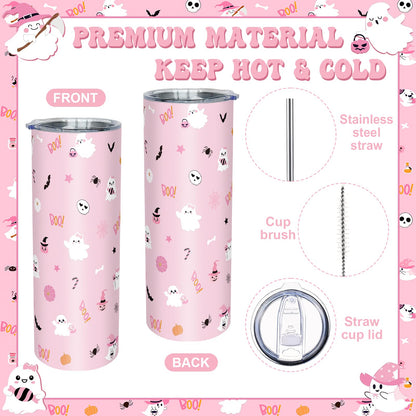 8 Pcs Halloween Boo Basket Gifts Pink Ghost Gift Halloween Boo Basket Stuffers for Women Include 20 oz Ghost Tumbler with Lid and Straw Throw Blanket Socks Keychain Bracelet Candle Card with Gift Box