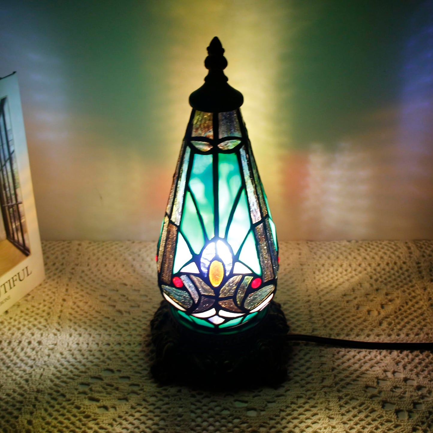 TCODTPOL Small Tiffany Lamp Stained Glass Table Lamp 5.5X11 Inch Christmas Tree Lighthouse Mini Accent Memory Sympathy Antique Night Light for Bedroom Living Room (Green Liaison)