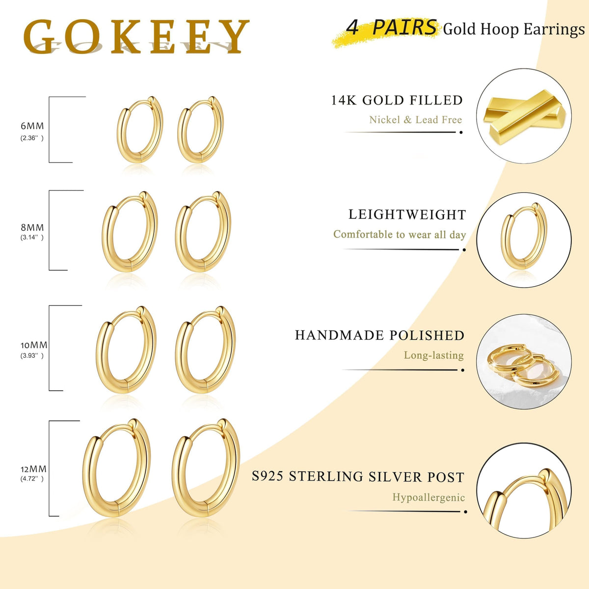 Gokeey Gold Earrings for Women Men, 14k Gold Plated Hypoallergenic Small Hoop Earrings Jewelry, Gold Huggie Hoops Earrings Set Lightweight Cartilage Earrings Gifts 4 Pair