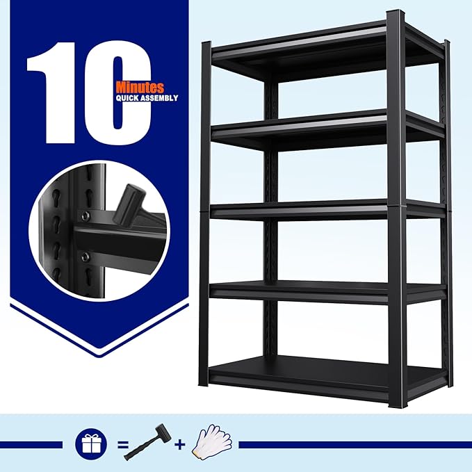 71" H-46 W Garage Shelving Heavy Duty Storage Shelves, Metal Adjustable Shelving Unit, Utility Garage Organizer Shelf for Basement, Pantry, Kitchen, Warehouse, 20" D x 46" W x 71.2" H, Black
