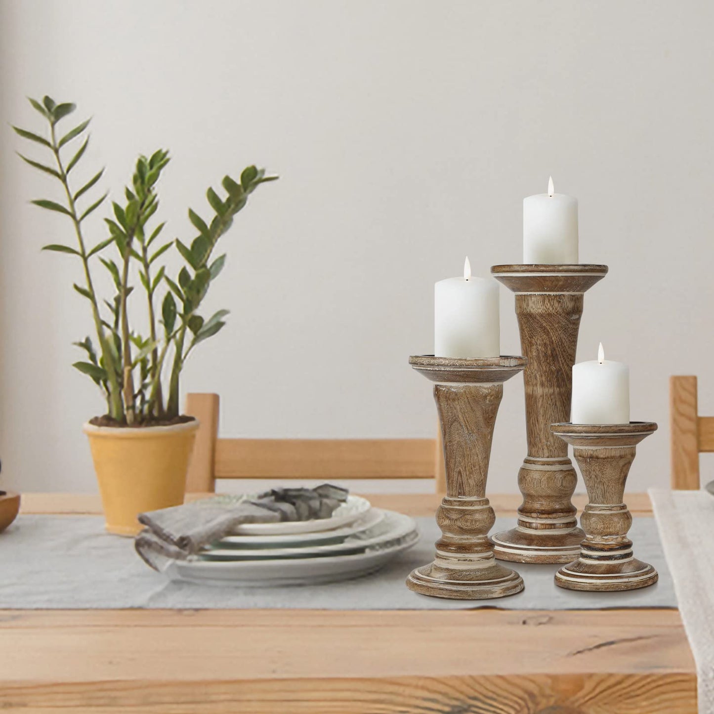 Hand Crafted Decorative Wooden Pillar Candle Holder Stand Siren Shape, Rounded Turned Colums, Country Style Ideal for Gift, Wedding, Christmas, Party, Home, Spa - 10,8,6 Inch Set of 3 - White Wash