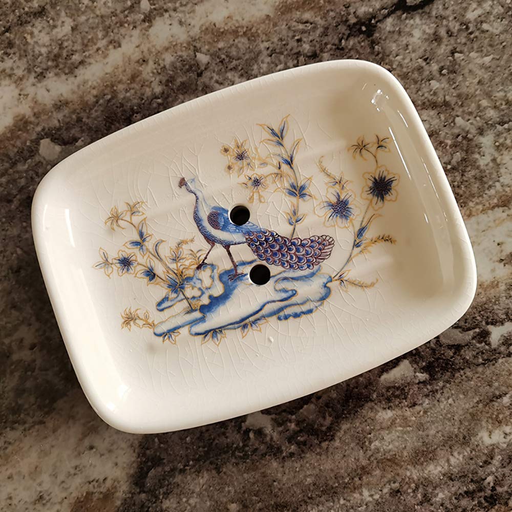 Kelake Ceramic Soap Dish Creative Ice Crack Ceramic Peacock and Flower Pattern Soap Dish Holder for Bathroom and Shower Soap Tray Box with Drain Gift for Mum Family