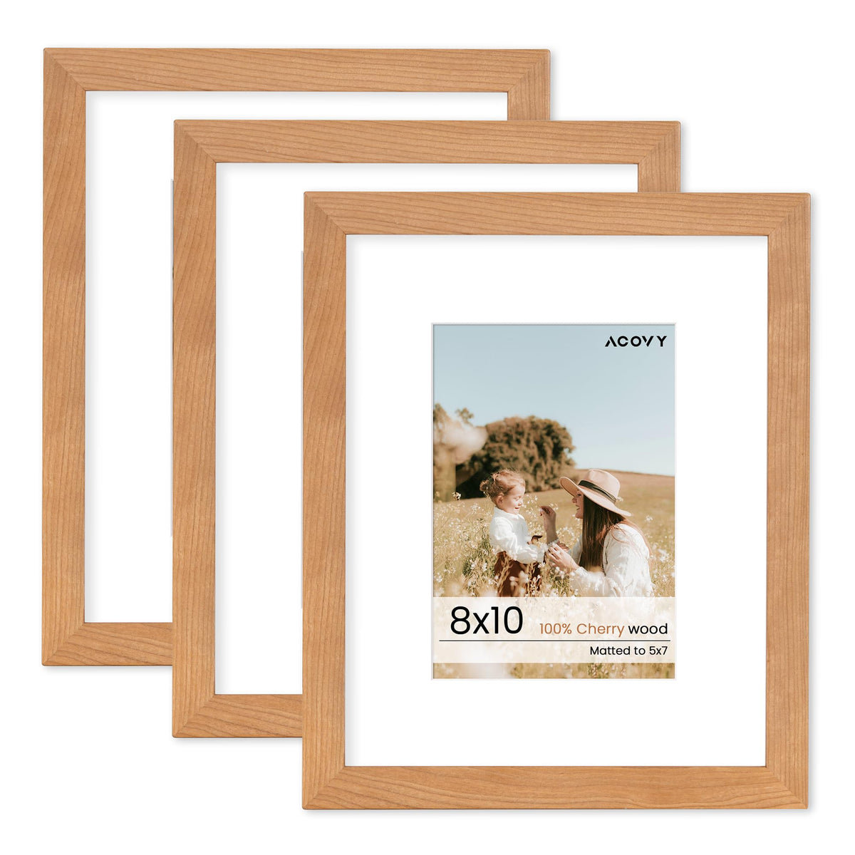 8x10 Picture Frame, Solid Wood Cherry Wood Photo Frame 8 x 10 with Tempered Real Glass, 8x10 Frame Matted to 5x7, Rustic Wooden Frame 8 by 10 for Wall & Tabletop Display (Natural Cherry Color, 3 Pack)
