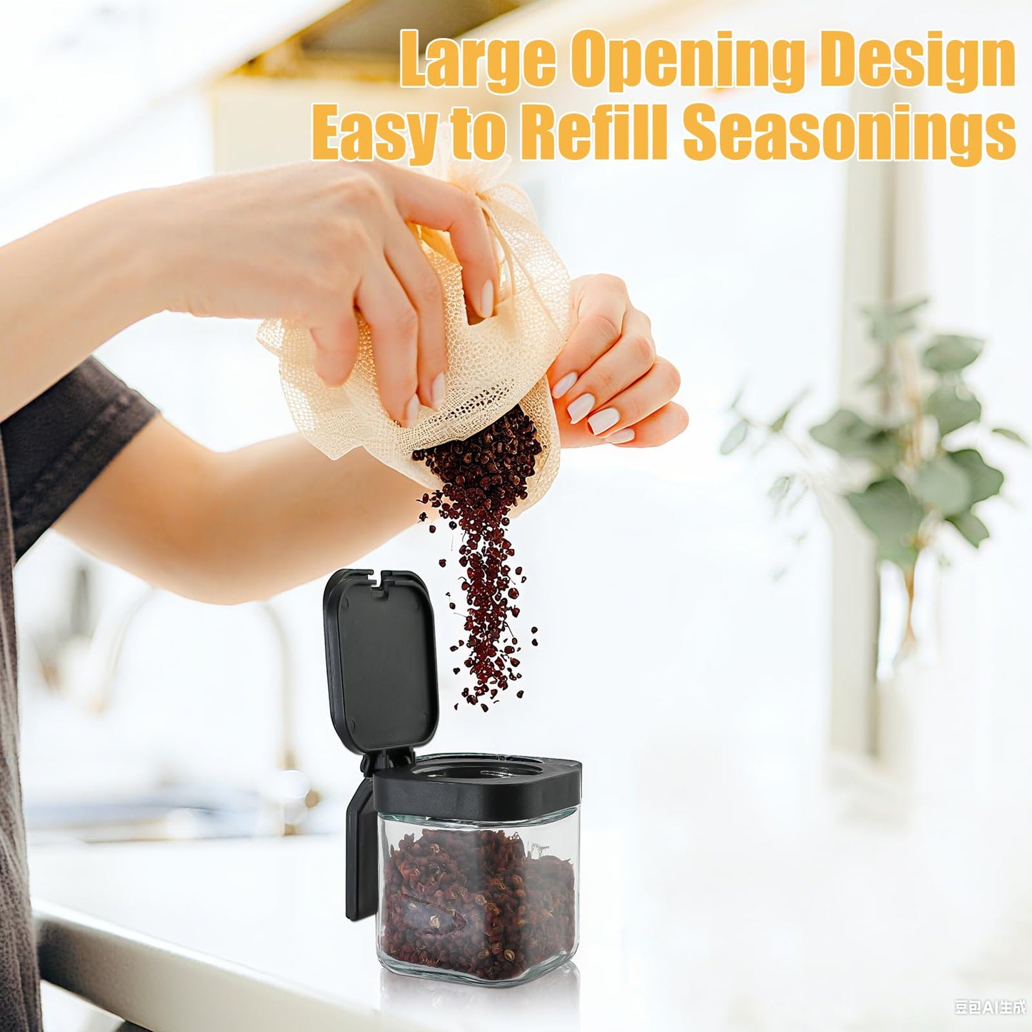6Pcs Glass Condiment Container Spice Jar with Lids and Spoons, SHAIDOJIO 8.6oz Clear Condiment Canister Pot with Tray and Label, Seasoning Box Salt Container Sugar Bowl for Kitchen Home Table(2 Sets)