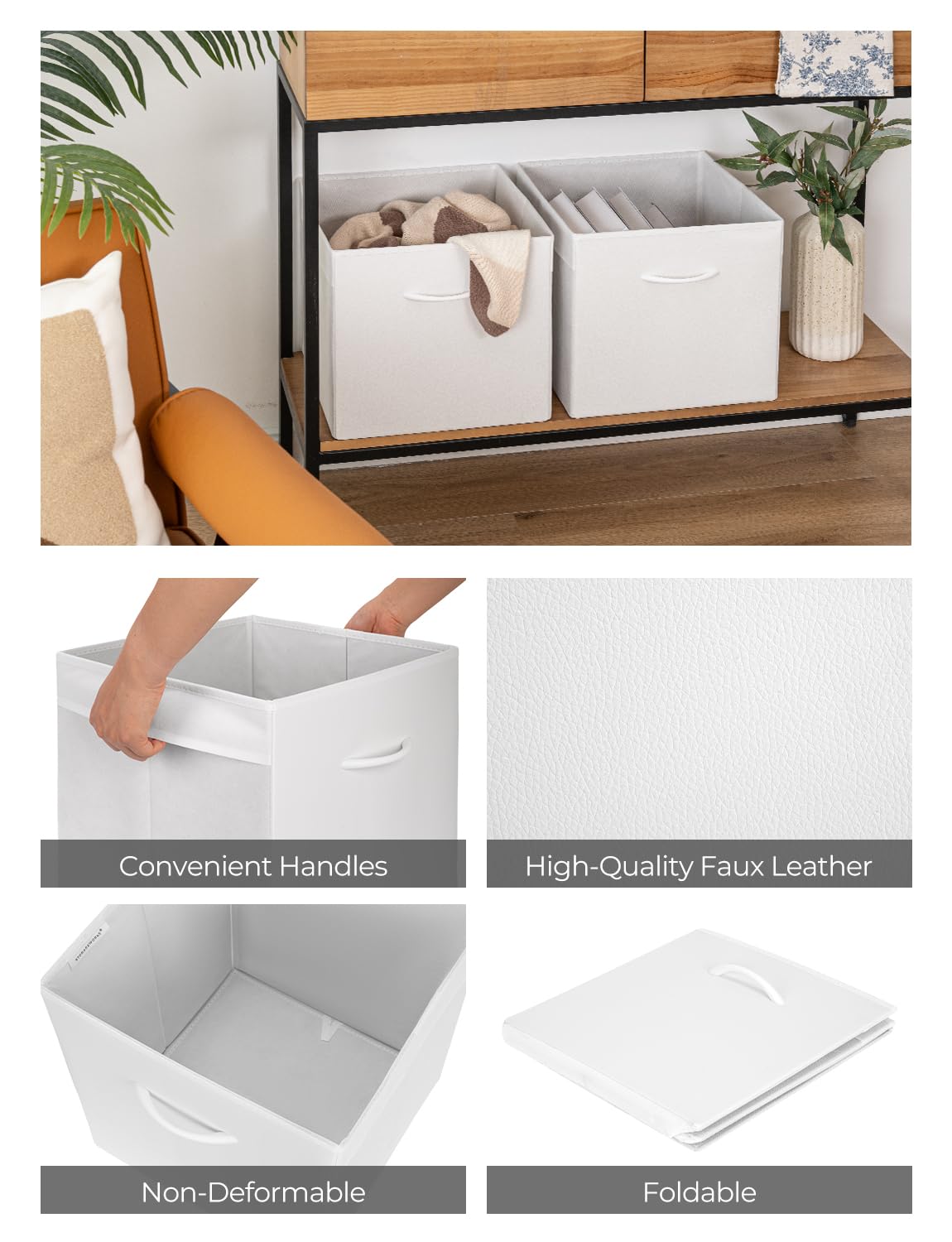 StorageWorks White Storage Cubes, 13-inch Leather Bins with Handle, Cube Organizer Baskets for Shelves and Closet, Collapsible Storage Bins, 4-Pack