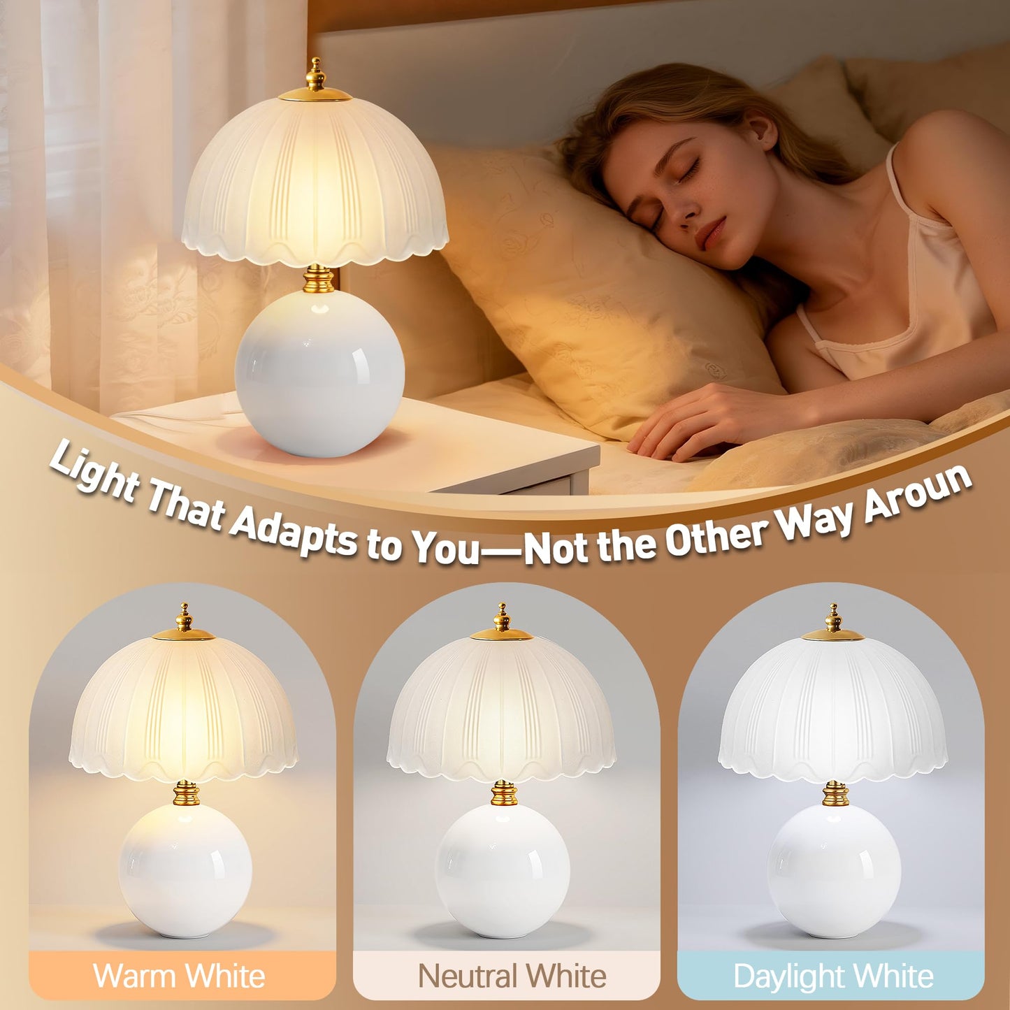 PARTPHONER Mushroom Table Lamp, Ceramic Bedside Lamp with Glass Shade, 3-Way Lighting (2700K-5000K) Rocker Switch, Small Nightstand Lamp for Bedroom, Living Room, Office, White
