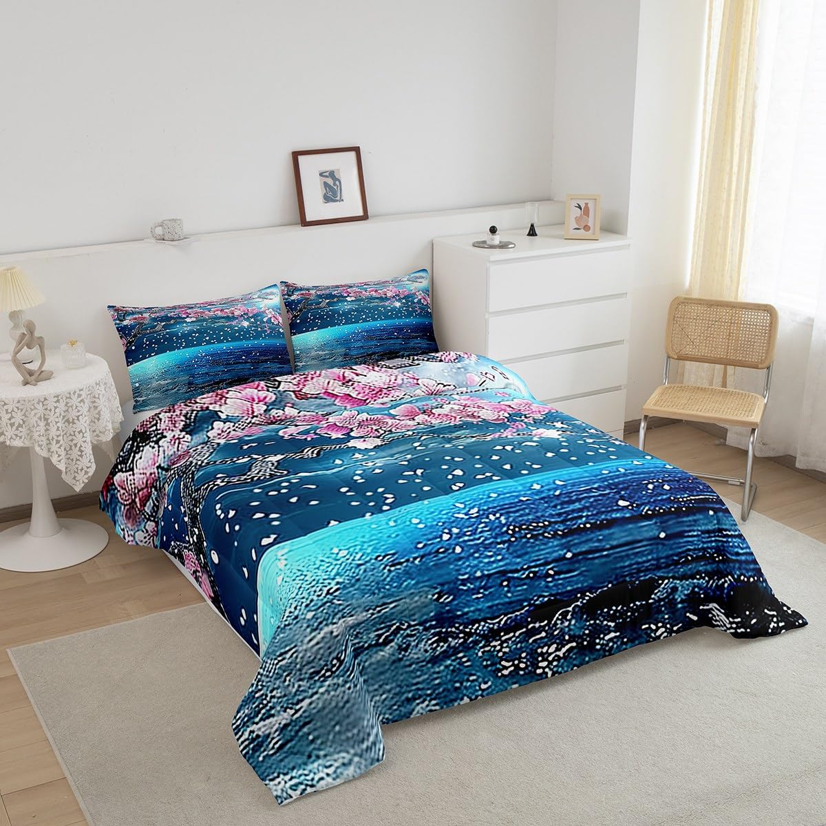 Manfei Lake Landscape Twin Size Comforter Set,Pink Blossom Flower Quilt Set Soft Bed Collection,Moon Night Bedding Comforter for Boys Girls Room Decor,2 Pcs